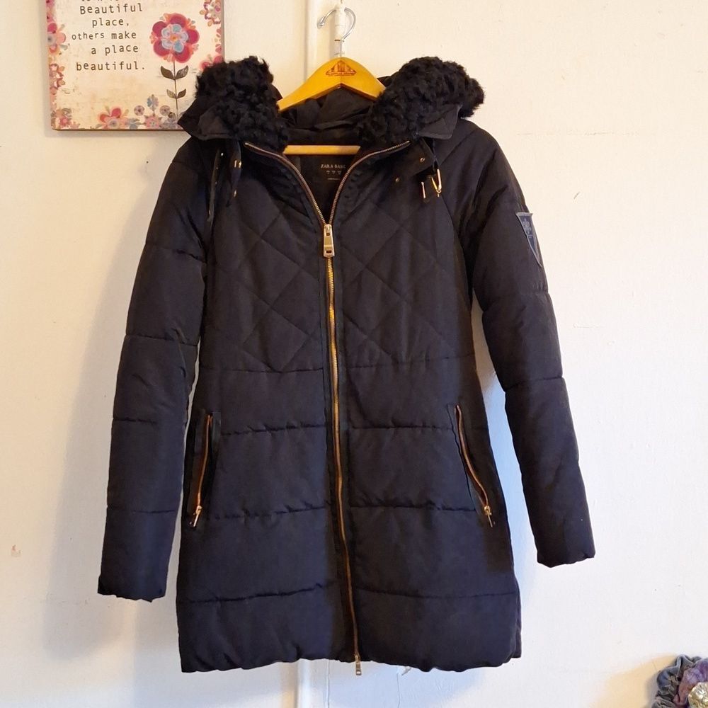 black Zara parka hooded quilted COAT